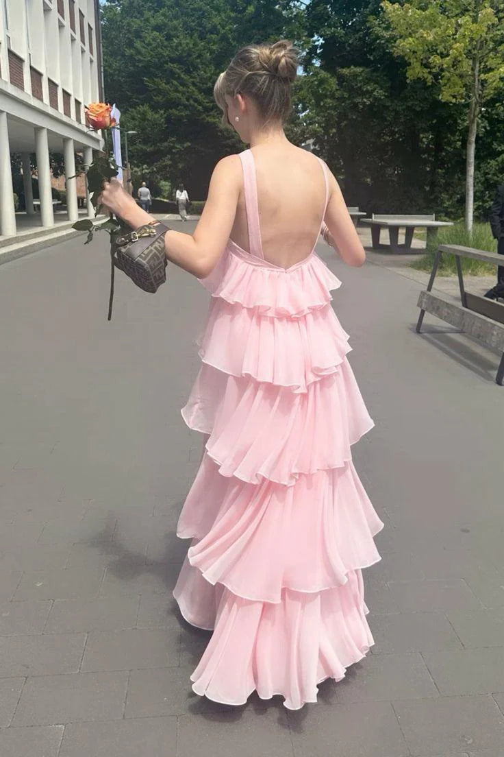 Vestidos formales/Vestido de fiesta de gasa rosa con volantes y cuello halter